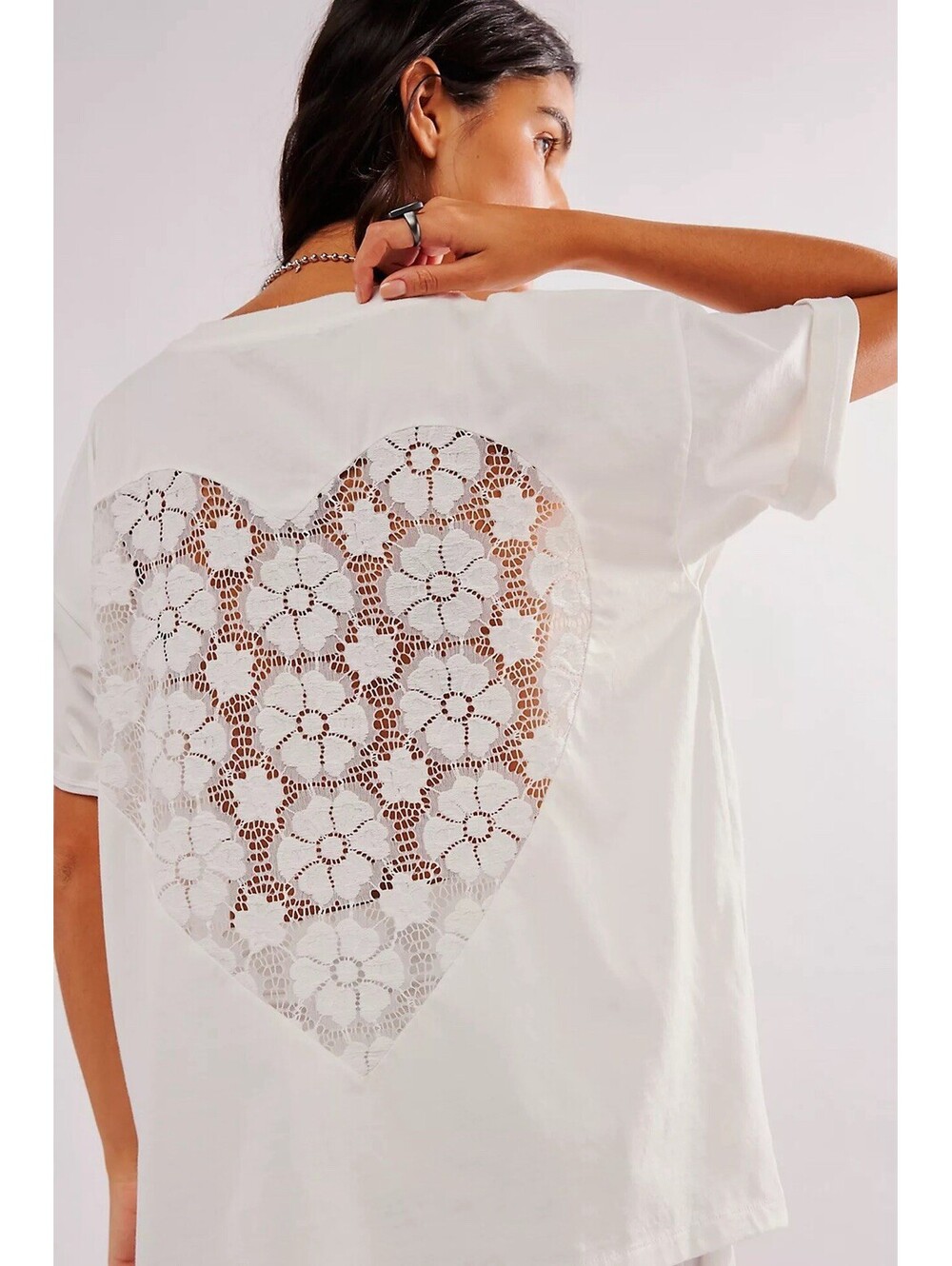 Free People Daydreamer Lace Heart Tee T-Shirt White Oversized Women’s Size XL